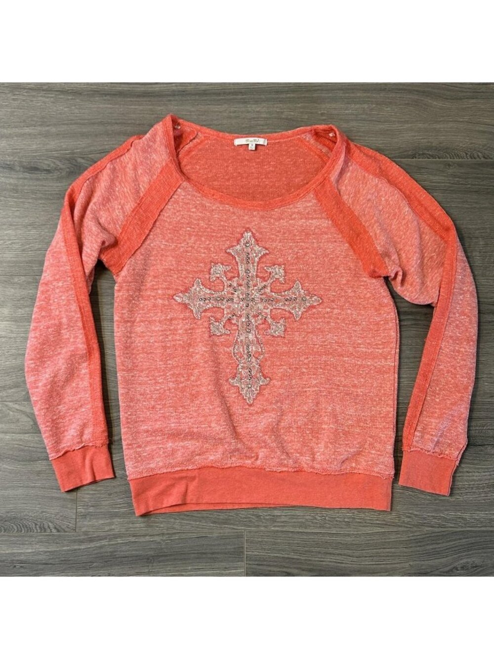 Miss Me Sweater Womens M Peach Cross Rhinestone Raglan Lightweight Pullover Y2K